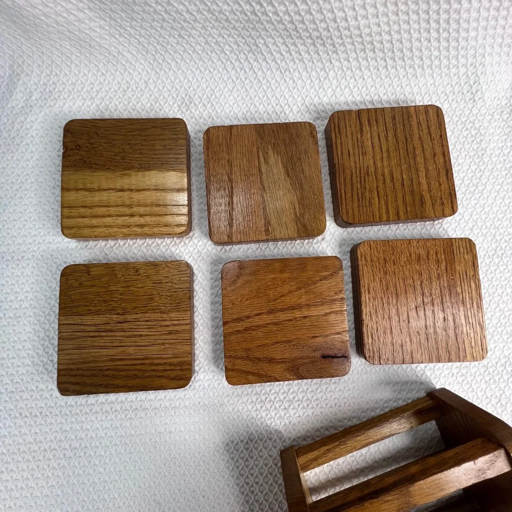 Vintage Mid Century Modern Oak Wood and Cork Coaster Set of 6 with‎ Caddy Holder